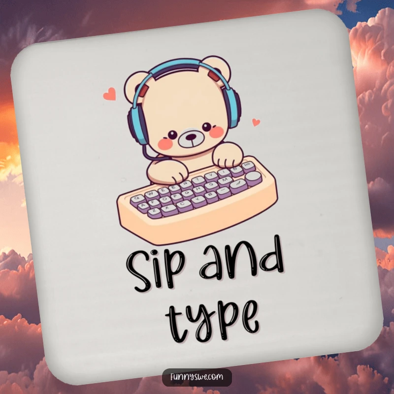 Funny bear with headphones, typing furiously on a giant keyboard, a humorous and protective drink coaster.