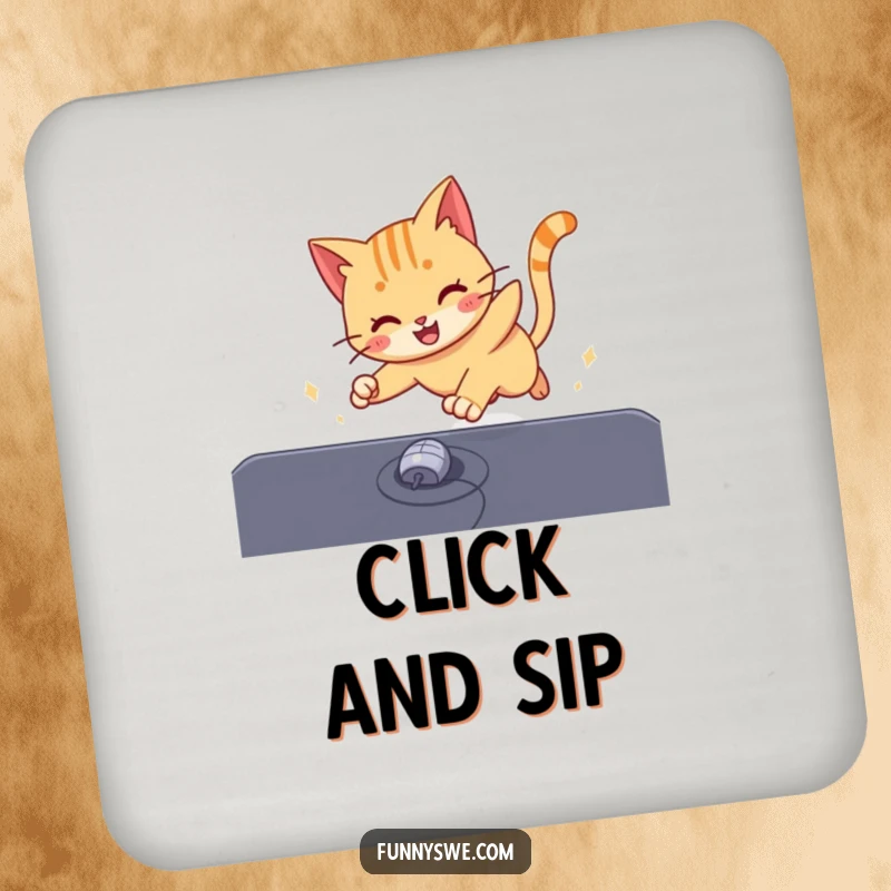 Funny cat energetically chasing a computer mouse cursor across a screen, a humorous and protective drink coaster.