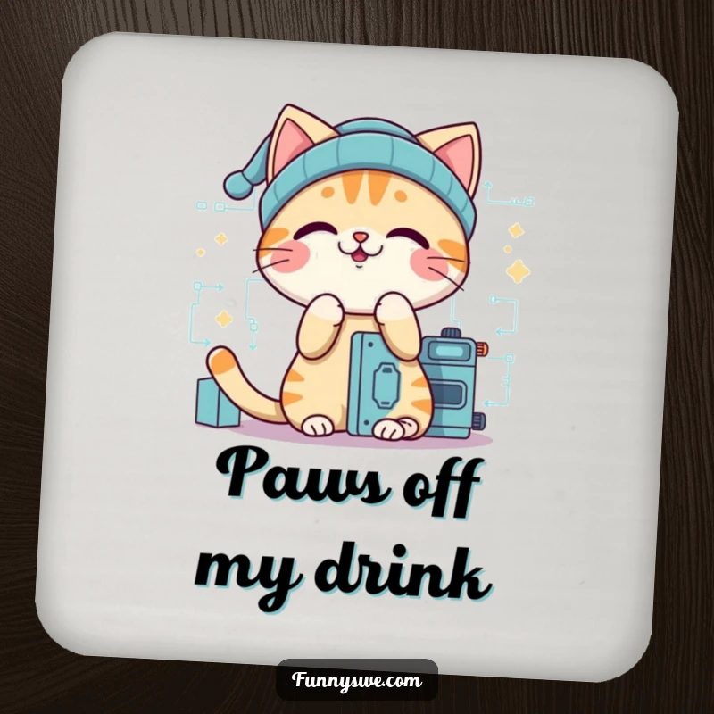 Funny cat programmer coaster, a giggling cat wearing a beanie, building digital code, protecting surfaces with humor.