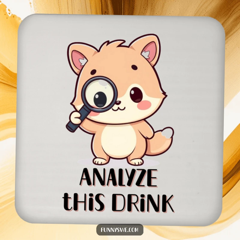 Funny drink coaster with a kawaii animal character triumphantly holding a magnifying glass over a line of code, protecting surfaces with humor.