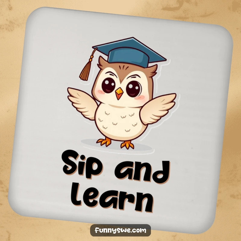 Funny Owl Coasters: A cheerful owl wearing a graduation cap presents information, adding academic humor to your tabletop, perfect as a funny gift.