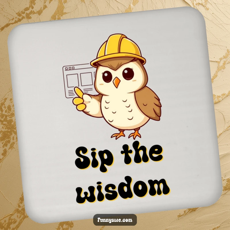 Funny cheerful owl pointing at a website wireframe on a coaster, offering strategic protection.
