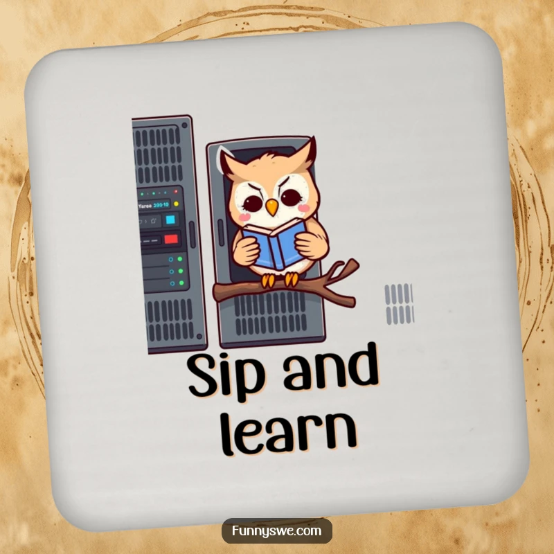 Set of funny drink coasters featuring a kawaii owl reading a book on a server rack, offering humorous tech-themed surface protection.
