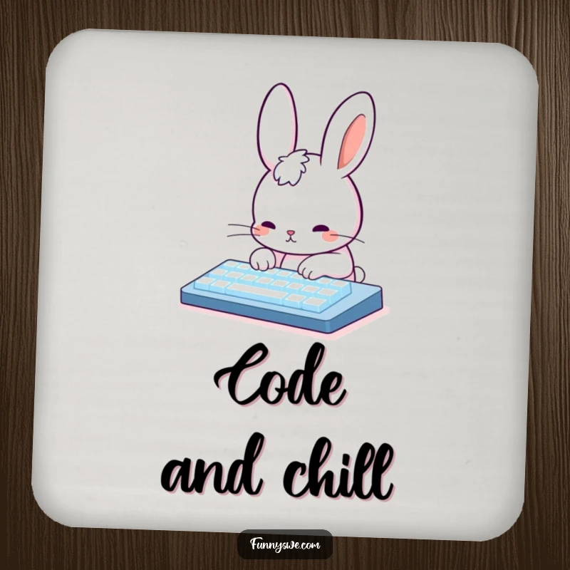 Funny Rabbit Code Coaster: Cute rabbit character typing on a keyboard, a humorous and protective desk accessory.