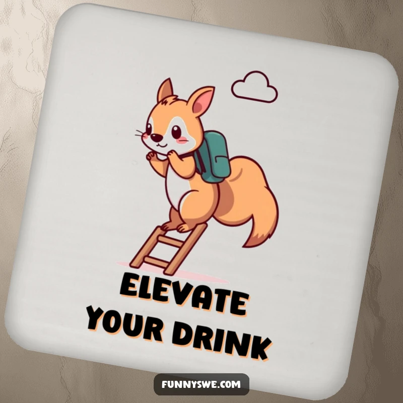 Funny Squirrel Coasters: A determined squirrel climbs a ladder towards a cloud icon, adding tech humor to your tabletop, perfect as a funny gift.