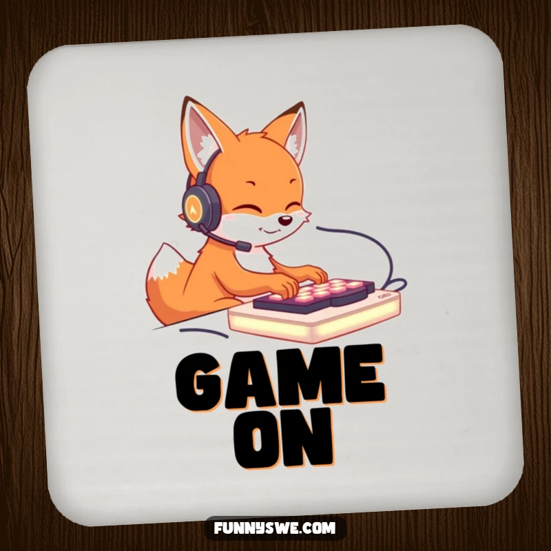 Funny drink coaster featuring a cute fox character with a headset, typing on a glowing keyboard, adding gamer flair.