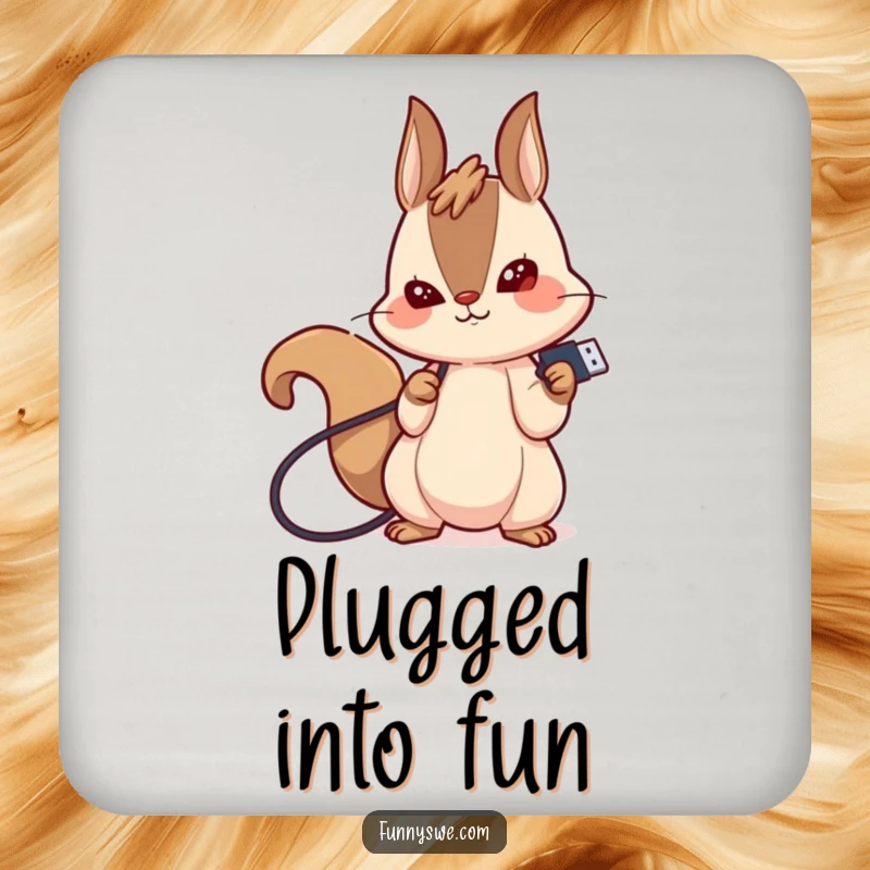 Set of funny drink coasters featuring a giggling kawaii squirrel plugging in a USB drive, offering humorous tech-themed surface protection.