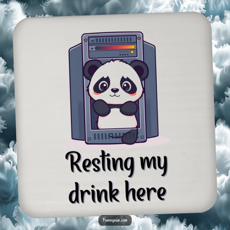 Funny Panda coaster, curiously peeking out from behind a giant server rack, protecting surfaces with style.