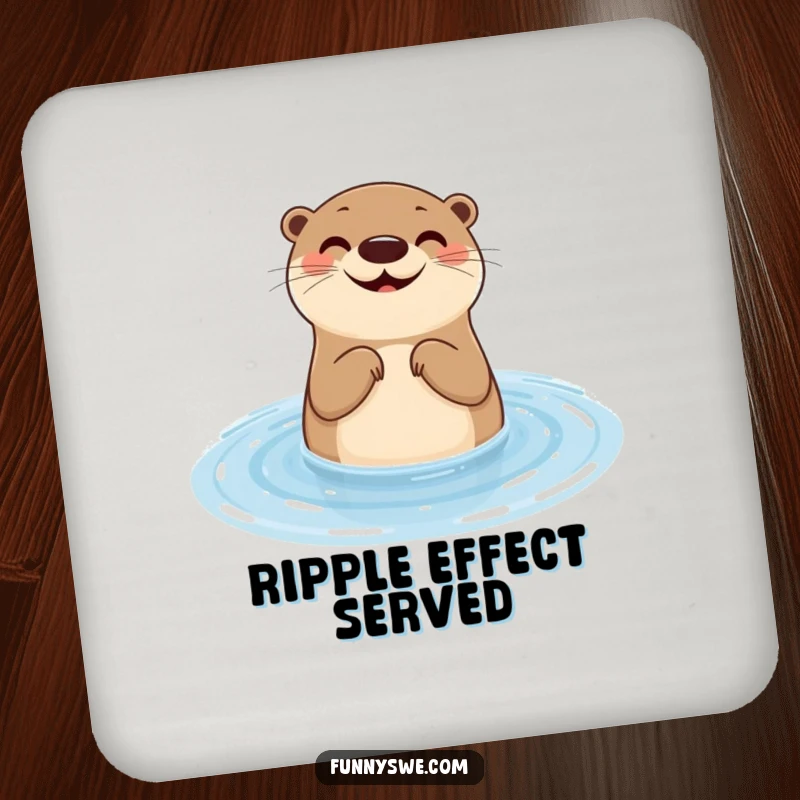Funny otter drink coaster showing a smiling aquatic mammal testing website responsiveness with a water ripple, providing humorous surface protection.