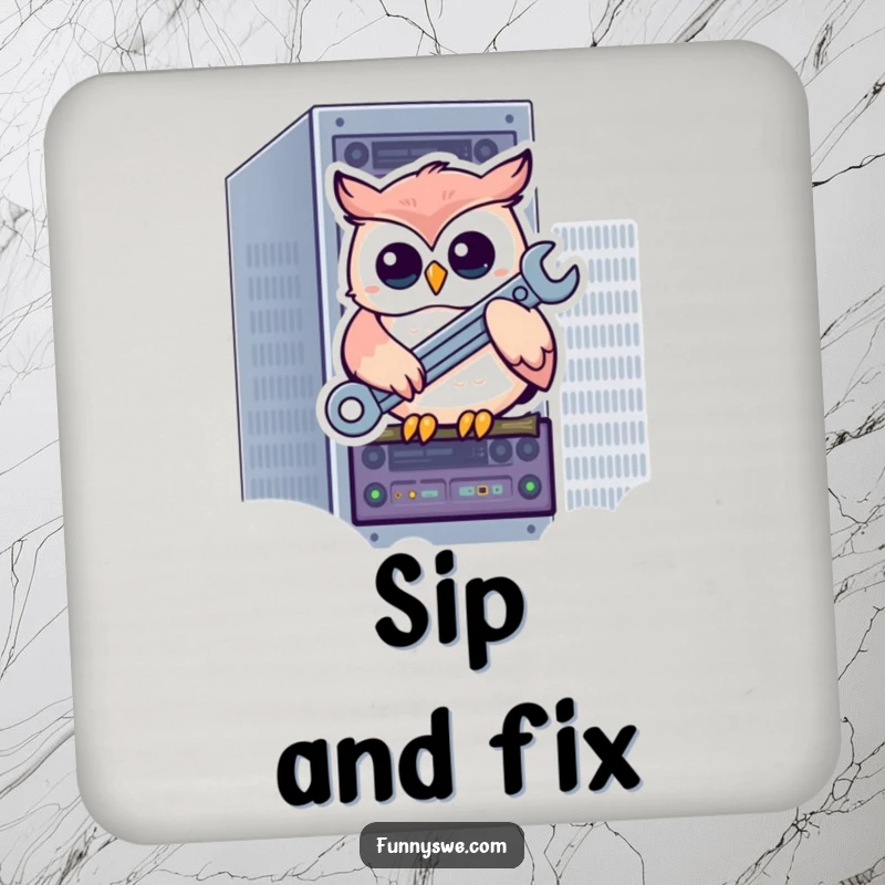 Funny kawaii owl perched on a server rack, holding a wrench, a humorous and protective drink coaster.