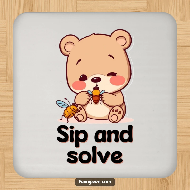 Funny bear bug hunter drink coaster, showing a curious bear playfully examining a digital bug icon, useful and humorous.