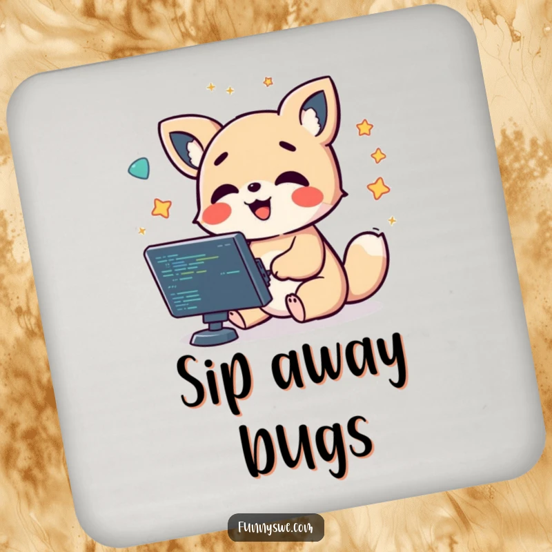 Funny kawaii animal character giggling while debugging code, surrounded by floating symbols, a humorous drink coaster.
