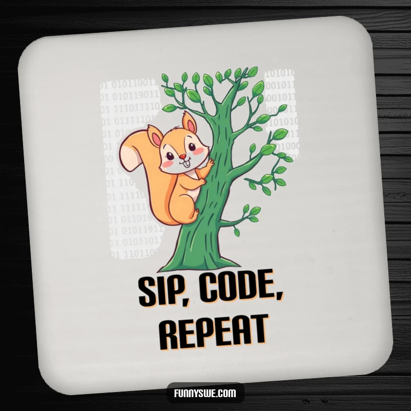 Funny Squirrel Binary Coaster: An energetic squirrel climbs a tree of binary code, adding a humorous and protective element.