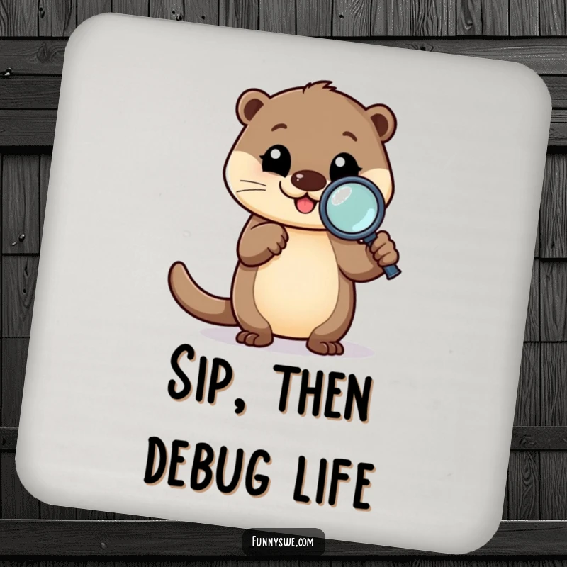 Funny Otter Code Coaster: Happy otter character with a magnifying glass, a humorous and protective drink accessory.