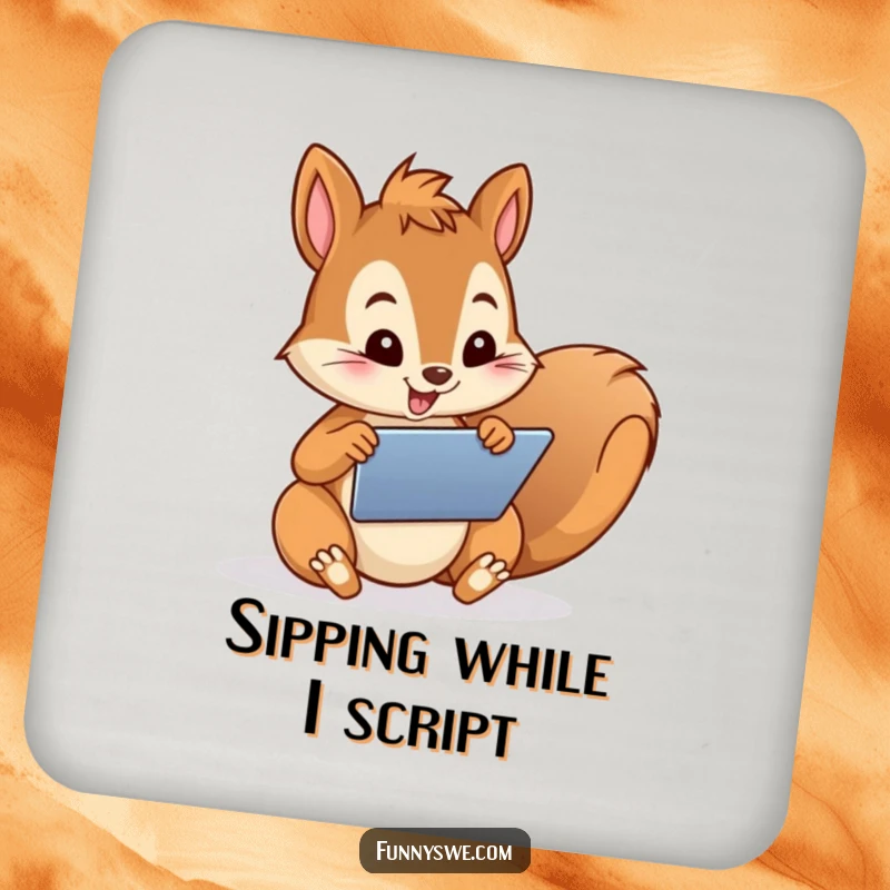 Funny Drink Coaster showcasing a playful squirrel character enthusiastically designing a website on a tablet, adding tech humor.