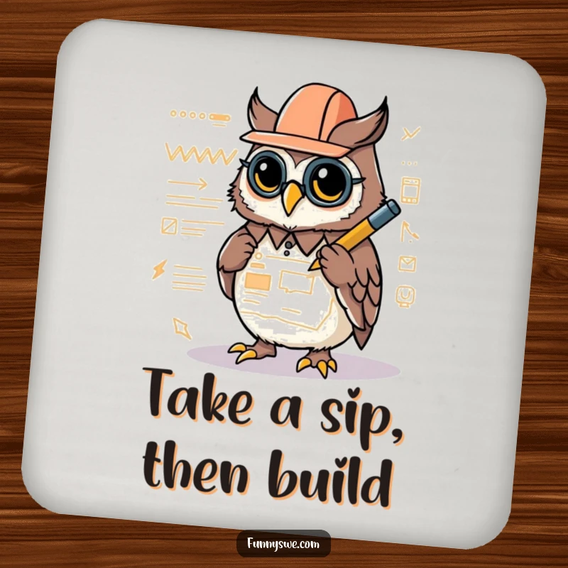 Funny drink coaster with a Kawaii owl architect drawing a website layout with a glowing stylus, perfect for creative surfaces.