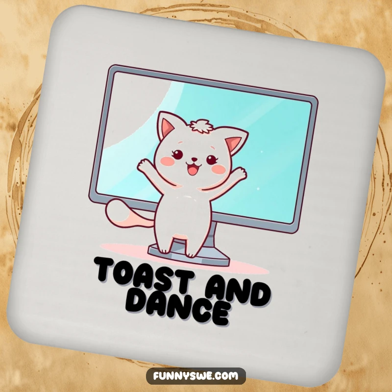 Funny drink coaster with a kawaii animal character happily dancing beside a shining monitor screen, protecting surfaces with digital flair.