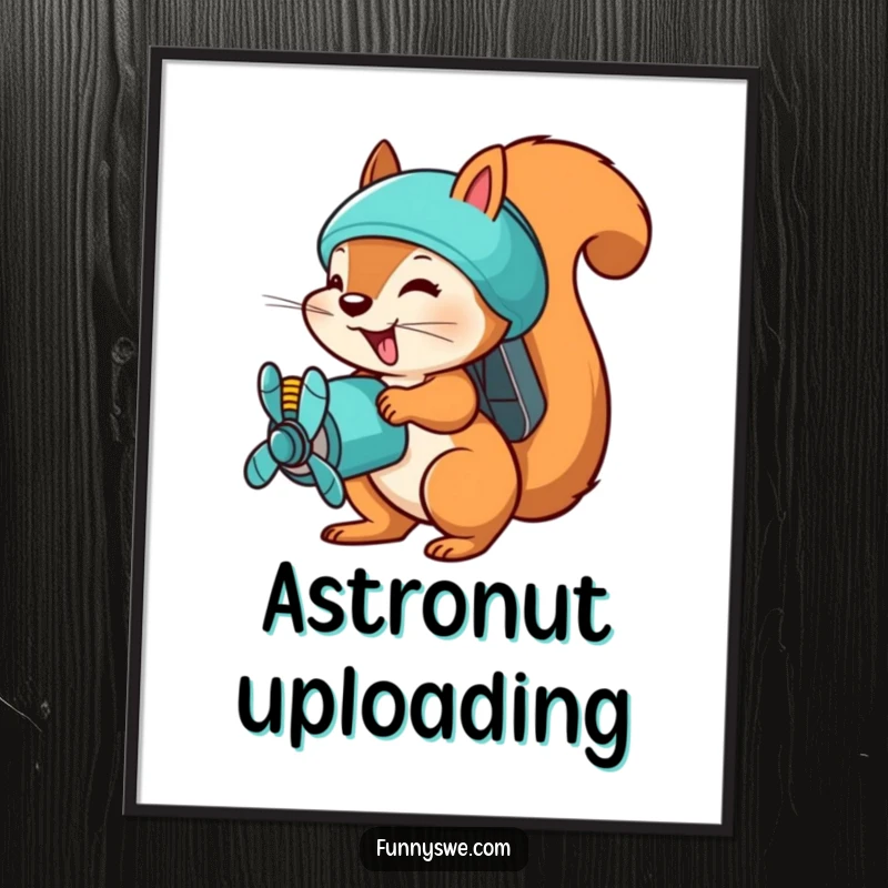 Funny squirrel uploader poster, a busy squirrel with a propeller pack, uploading files swiftly, motivational and humorous wall art.