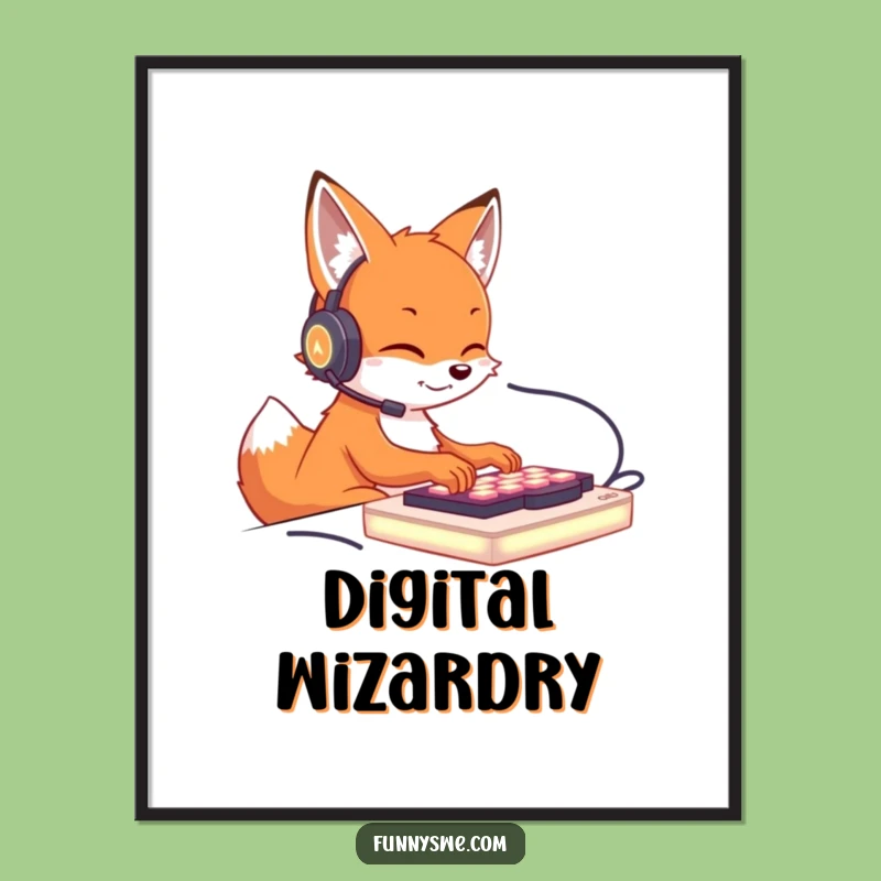 Funny Fox Gamer Poster: Cute Fox Typing on Glowing Keyboard Art