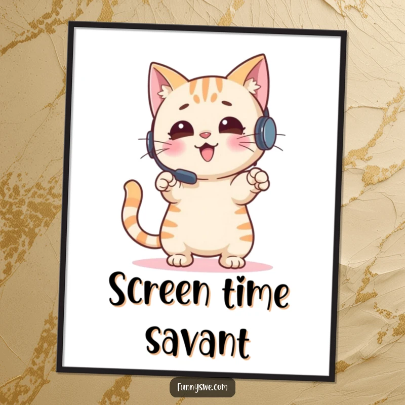 Funny Cat Poster: An enthusiastic cat with a headset gestures and points at a screen, capturing the essence of a passionate gamer, an excellent funny gift idea.