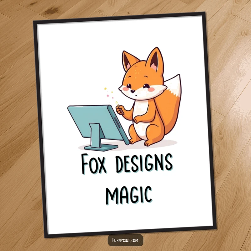 Funny poster featuring an inspired Kawaii fox using a magic wand on a tablet to build a website, whimsical art.