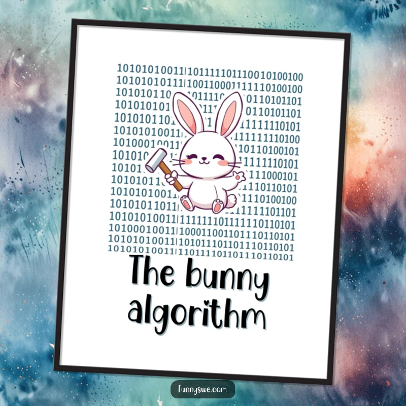 Funny happy bunny with a hammer, tapping binary code sequences on a stylish poster.