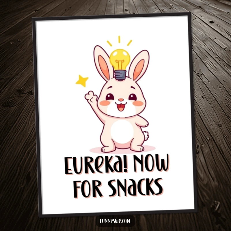 Funny poster featuring an ecstatic bunny character with a lit lightbulb, triumphantly celebrating a successful code deployment in a vibrant art style.