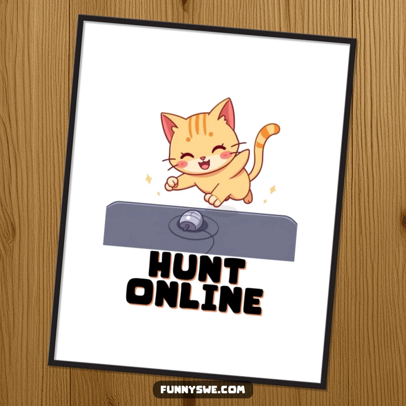 Funny energetic cat chasing a computer mouse cursor on a screen, a humorous wall art poster for tech enthusiasts.