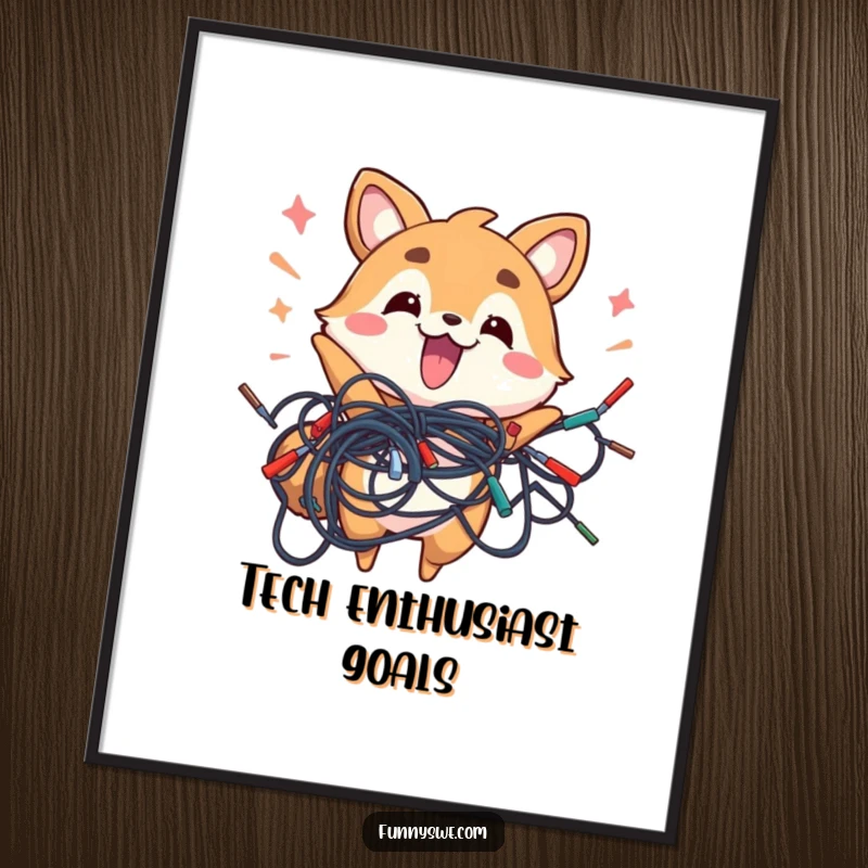 Funny poster art of an energetic animal holding a chaotic tangle of wires, a humorous tech gift.