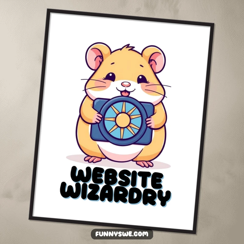 Funny hamster poster print of a happy rodent optimizing a website with a tiny spinner, symbolizing humorous web development.