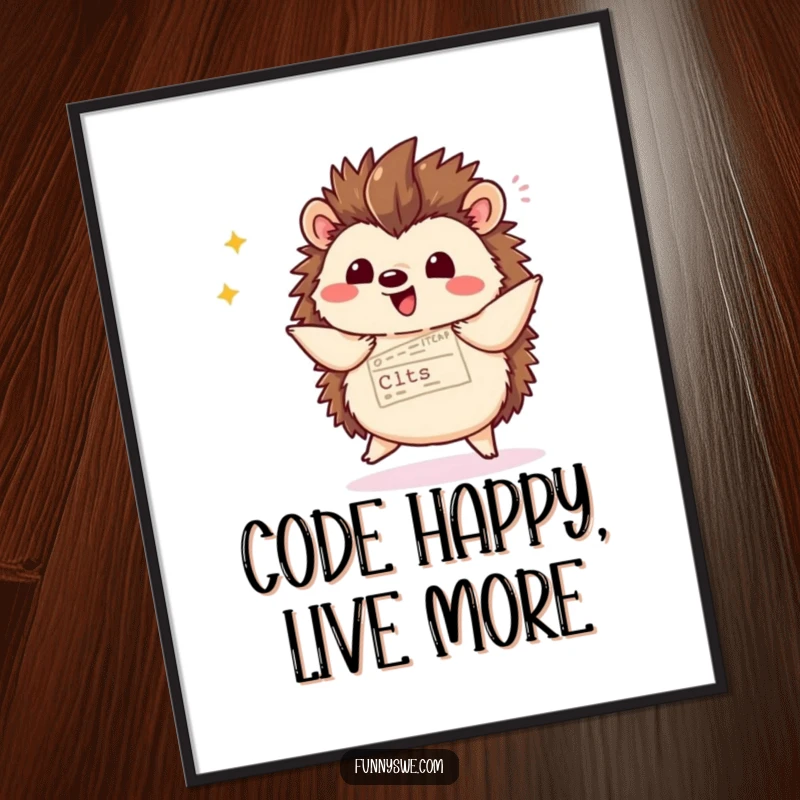 Funny kawaii hedgehog character showing website code with a flourish and dancing happily, presented as vibrant wall art.