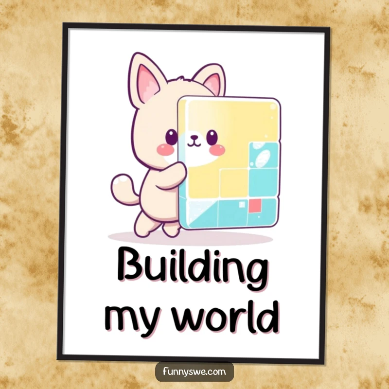 Funny kawaii animal character gleefully pushing a gigantic pixelated block, vibrant retro gaming art for walls.