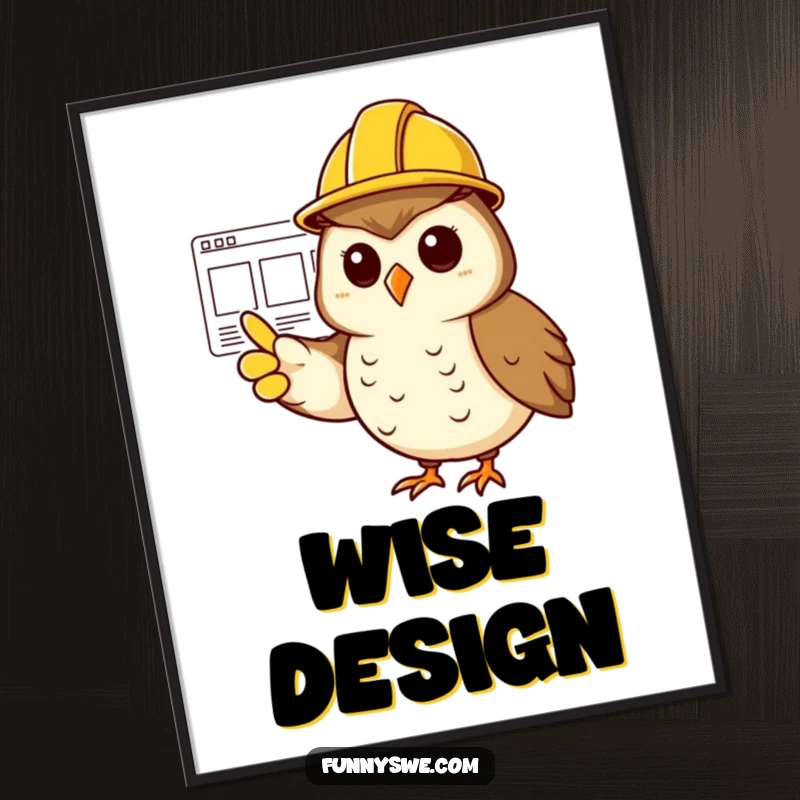 Funny cheerful owl wearing a hard hat, pointing confidently at a website wireframe on a poster.