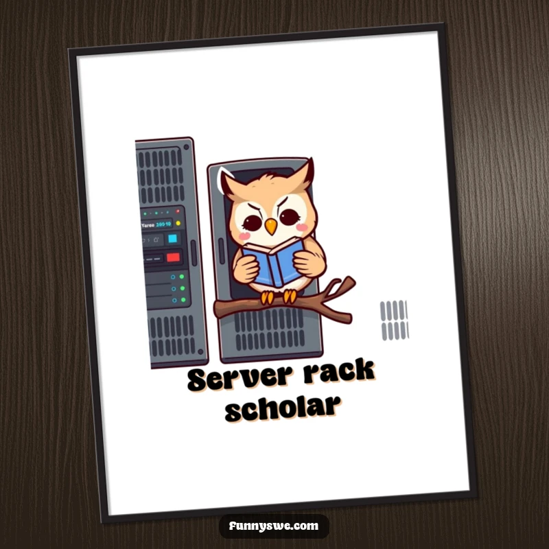 Funny poster art featuring a kawaii owl reading a book while perched on a server rack, adding tech humor to decor.