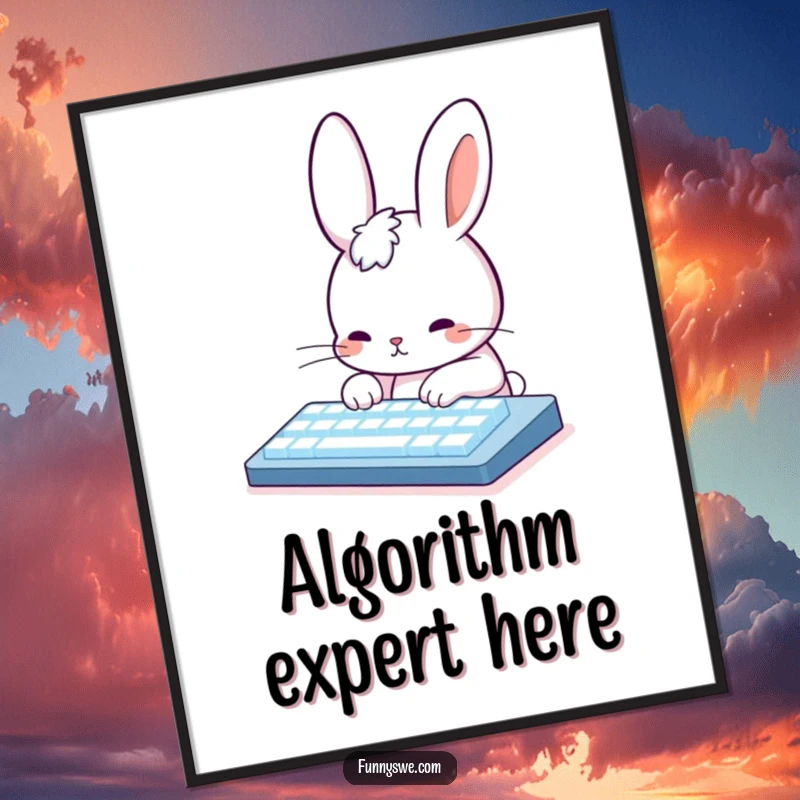 Funny Rabbit Coding Poster: A cute rabbit character typing furiously on a luminous keyboard, adding humorous tech art to any space.