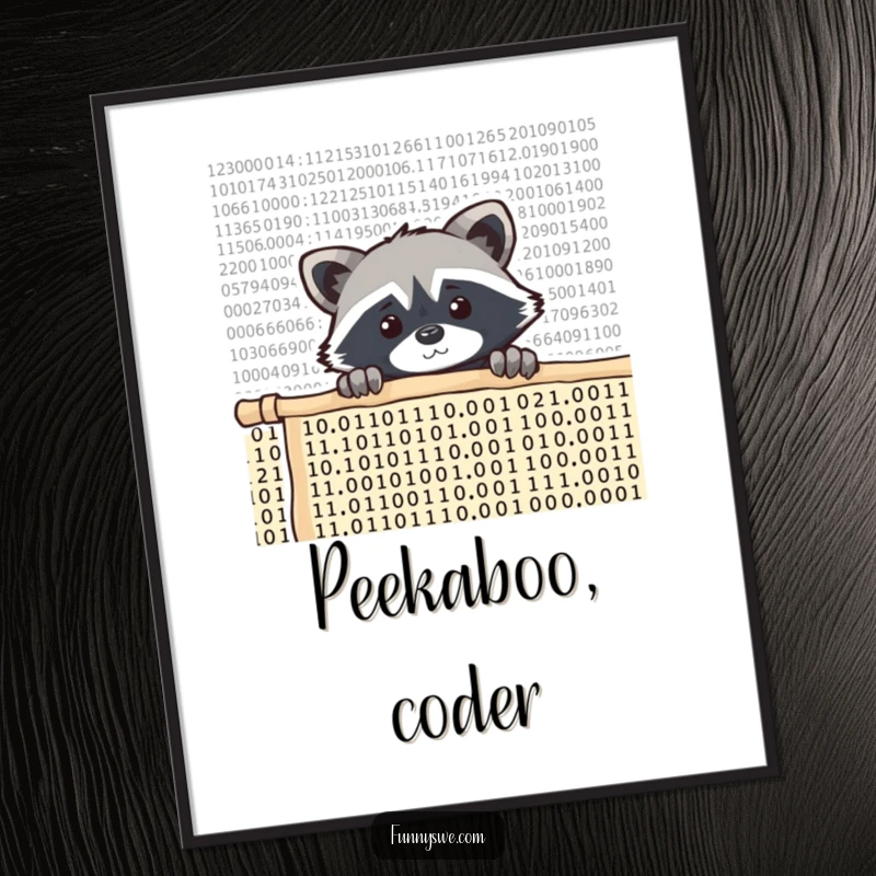 Funny raccoon coder poster, a curious raccoon peeking over a wall of scrolling code, detailed and humorous wall art.