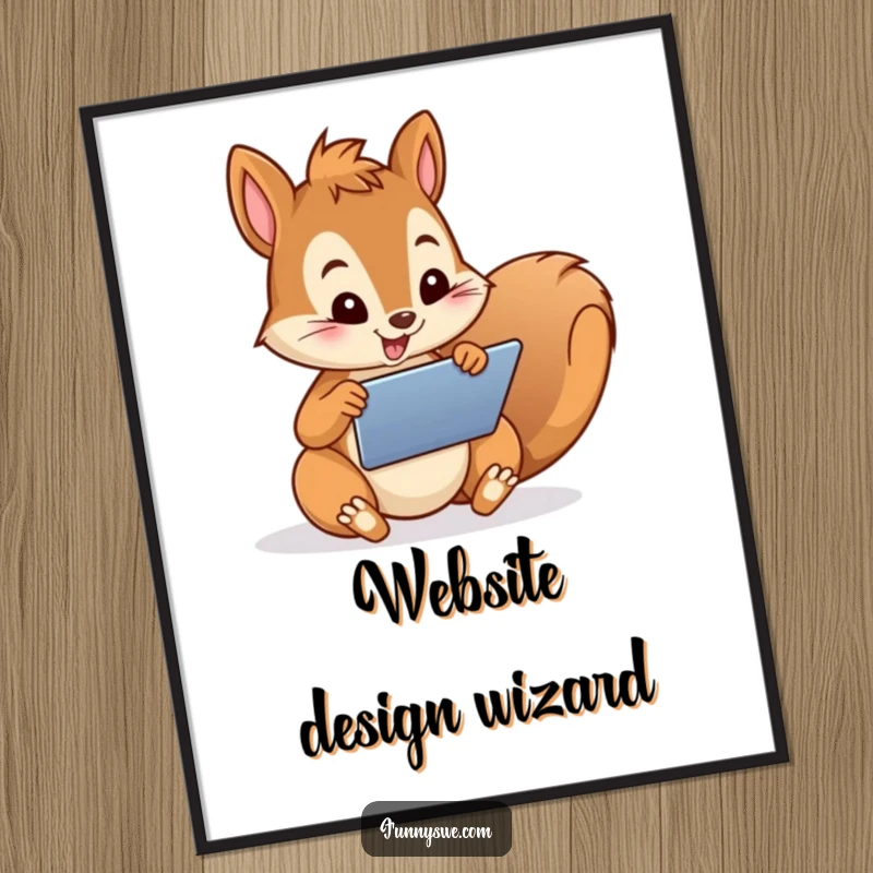 Funny Poster featuring a playful squirrel character enthusiastically designing a website on a tablet, celebrating digital creation and humor.