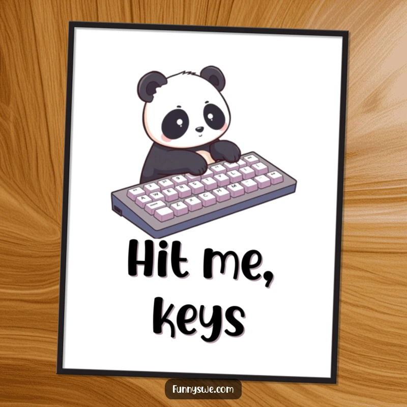 Funny poster art of a panda typing quickly on an oversized keyboard. Humorous tech-themed wall decor.