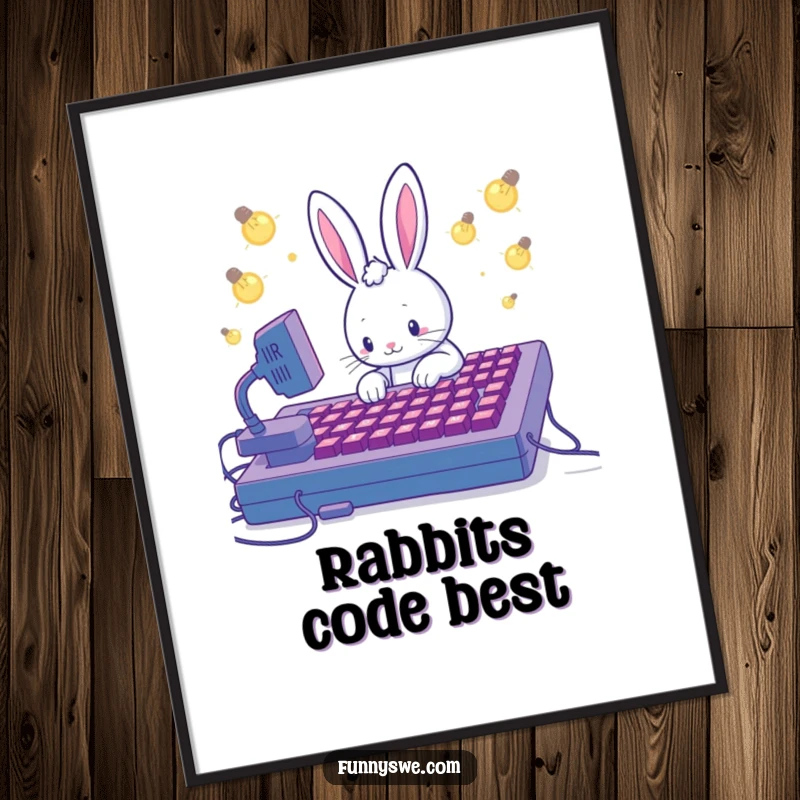 Funny poster featuring an inspired Kawaii rabbit coding on a massive keyboard, lightbulbs flickering, perfect tech-themed art.