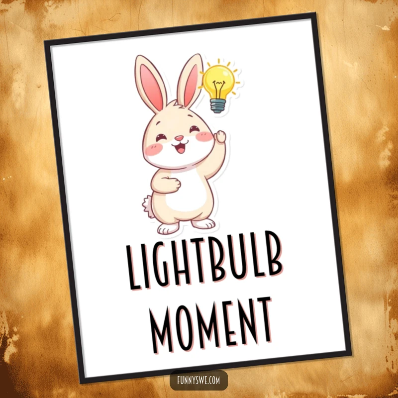 Funny happy bunny holding a glowing lightbulb above its head, a humorous wall art poster for inspiration.