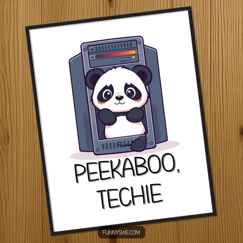 Funny Panda poster, curiously peeking out from behind a giant server rack, perfect for tech-themed decor.