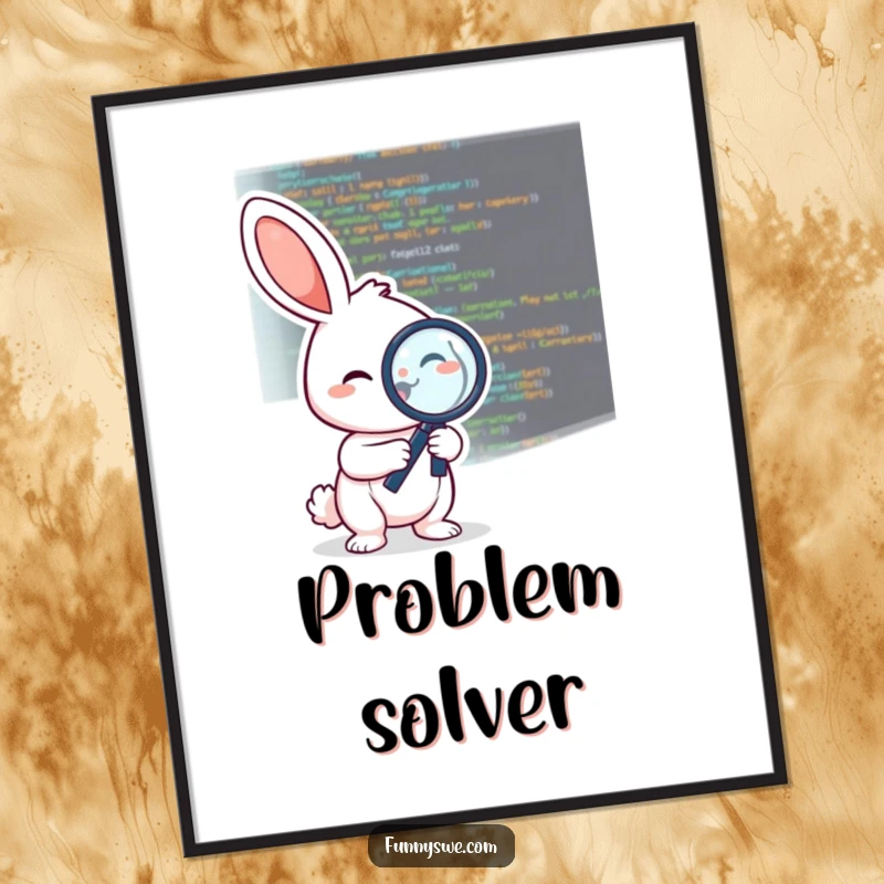 Funny poster illustration of a cheerful rabbit using a magnifying glass to meticulously debug lines of code, ideal wall art.