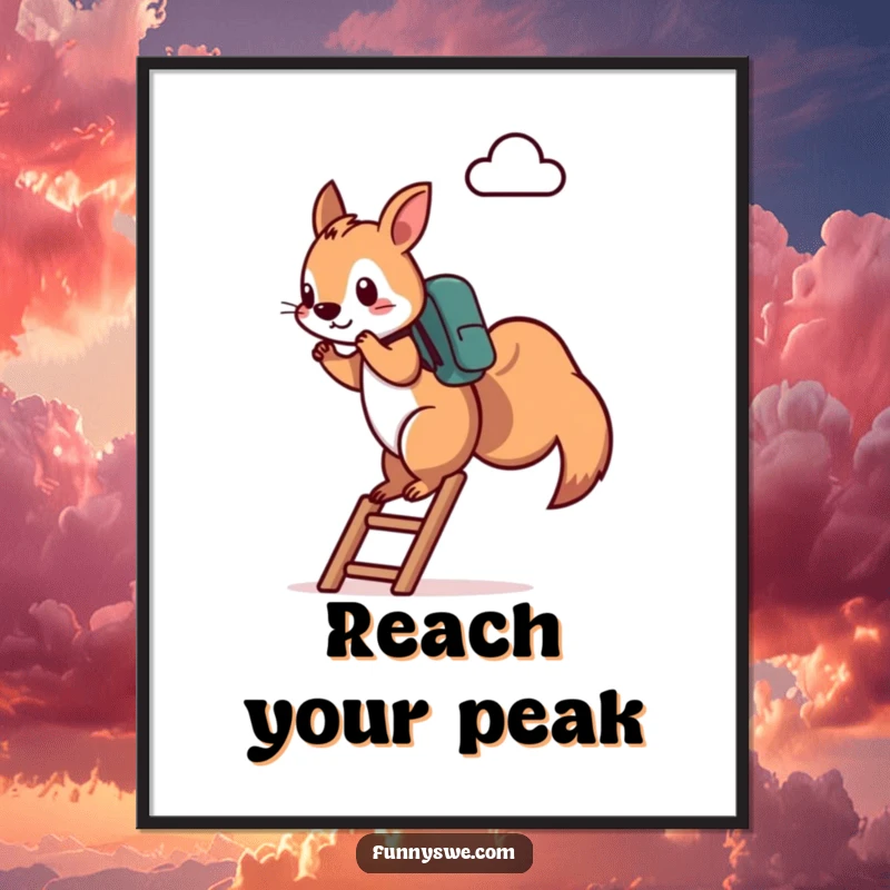 Funny Squirrel Poster: A determined squirrel with a backpack climbs a ladder towards a cloud server icon, representing tech ambition and perseverance, an excellent funny gift idea.