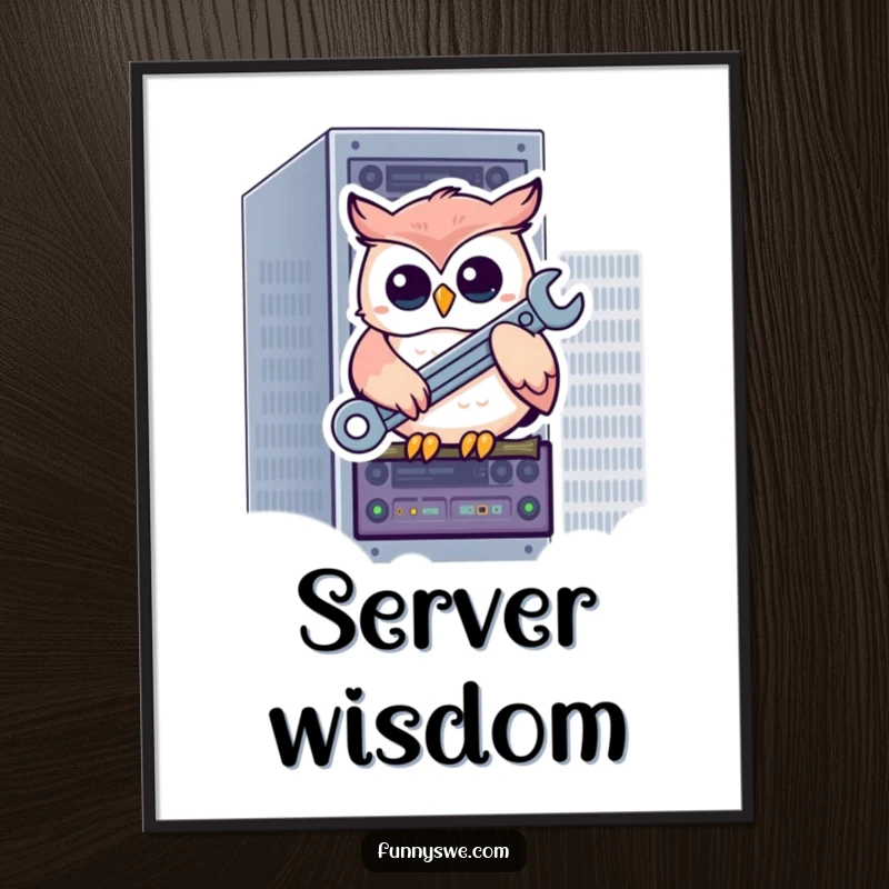 Funny kawaii owl on a server rack holding a wrench, ready to fix, a humorous wall art poster for tech spaces.