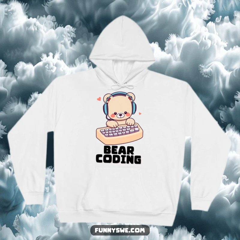 Funny bear wearing headphones, typing intensely on a large keyboard, a cozy and humorous hoodie for tech enthusiasts.