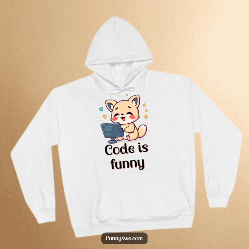 Funny kawaii animal character giggling while debugging code, surrounded by floating computer symbols, a cozy hoodie.