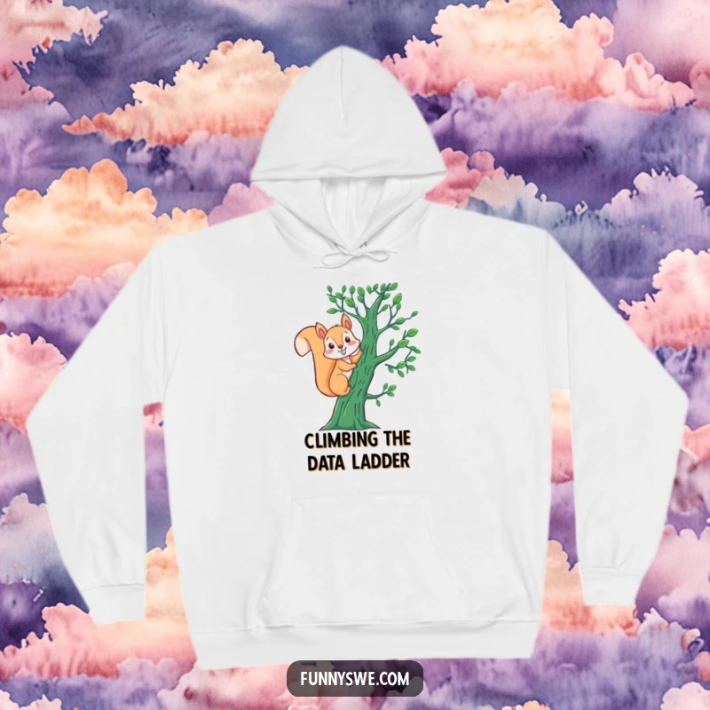 Funny Squirrel Binary Hoodie: An energetic squirrel scales a binary code tree, offering warmth and a touch of geeky humor.