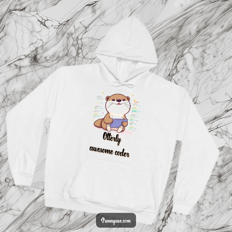 Funny hoodie featuring an excited Kawaii otter coding on a tablet amidst colorful code snippets, comfortable and cheerful.