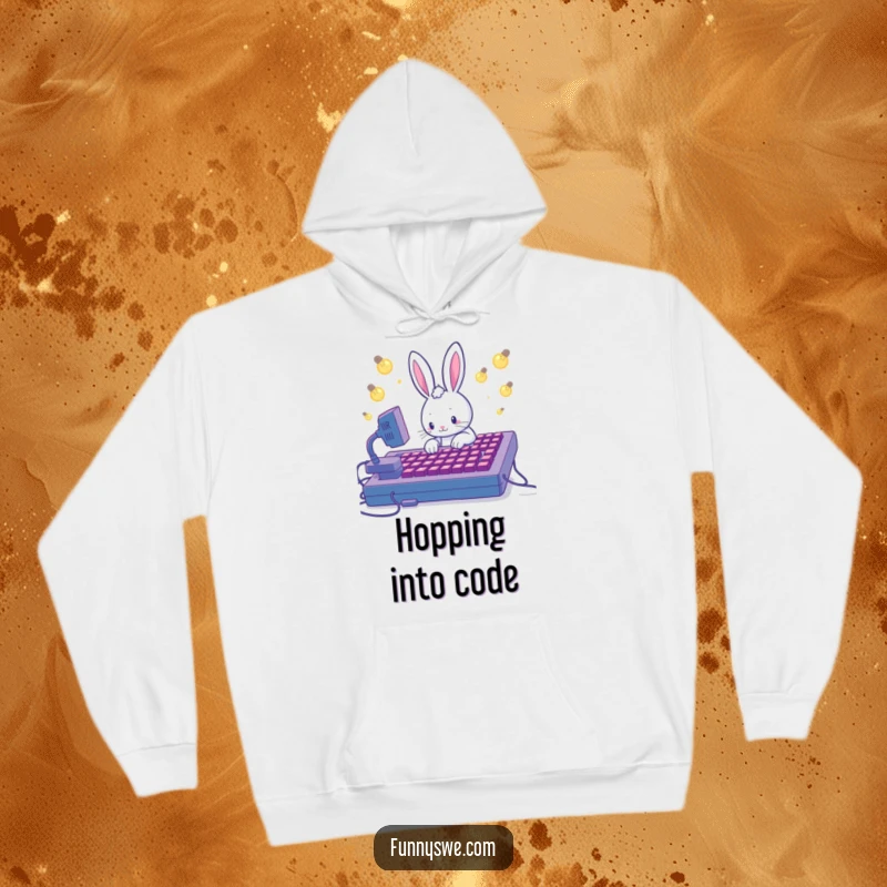 Funny hoodie featuring a Kawaii rabbit coding on a large keyboard, lightbulbs flickering above, comfort and humor combined.