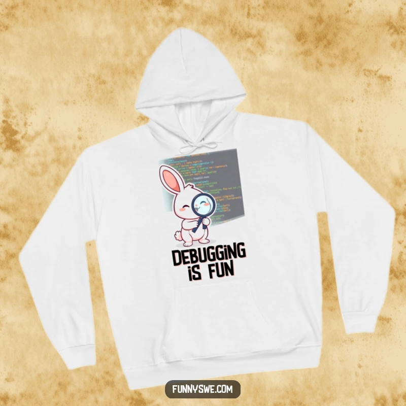 Funny hoodie design of a cheerful rabbit examining code with a debugging magnifying glass, great for cozy coding.